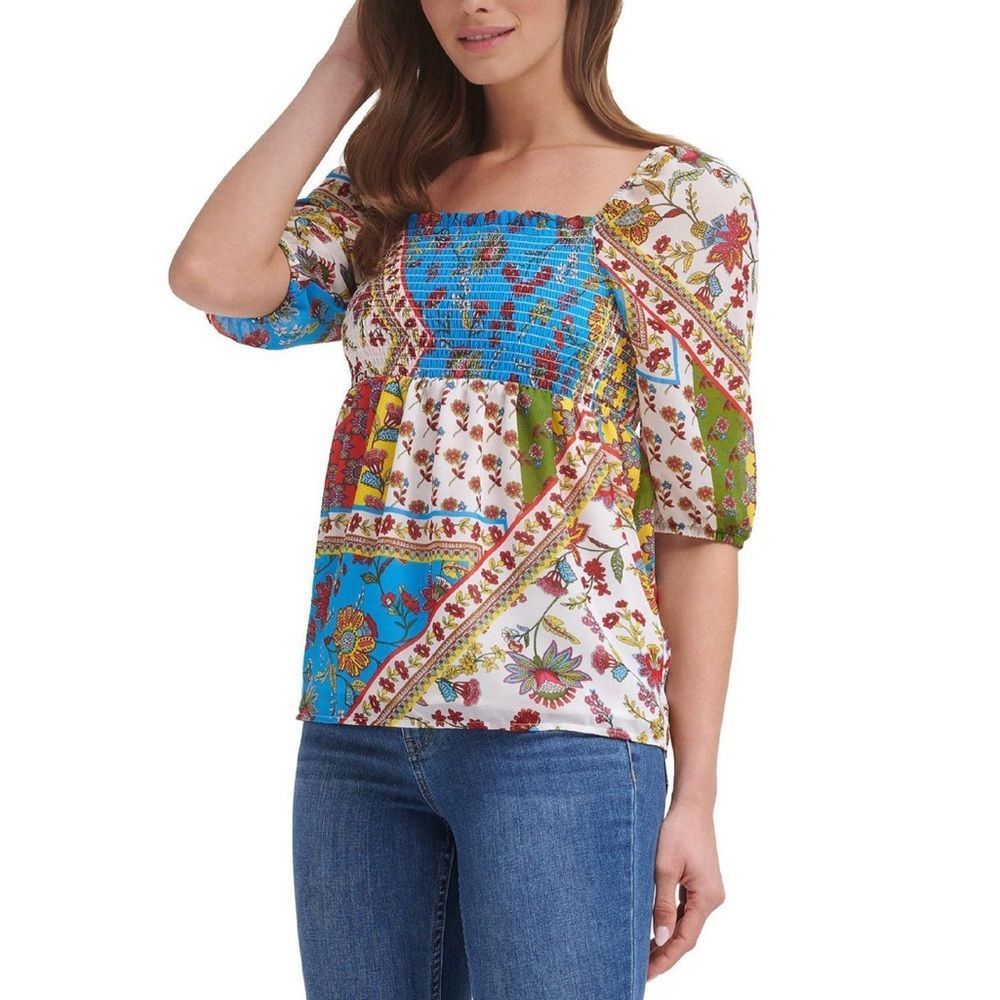 NWT Calvin Klein Women’s Printed Smocked Blouse SZ LG